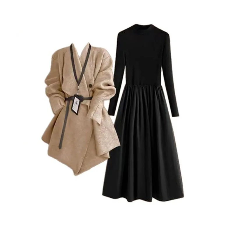 

Autumn and Winter Temperament Set Women's Western-style Knitted Sweater Paired with Korean Slimming Dress Two-piece Setpant Sets