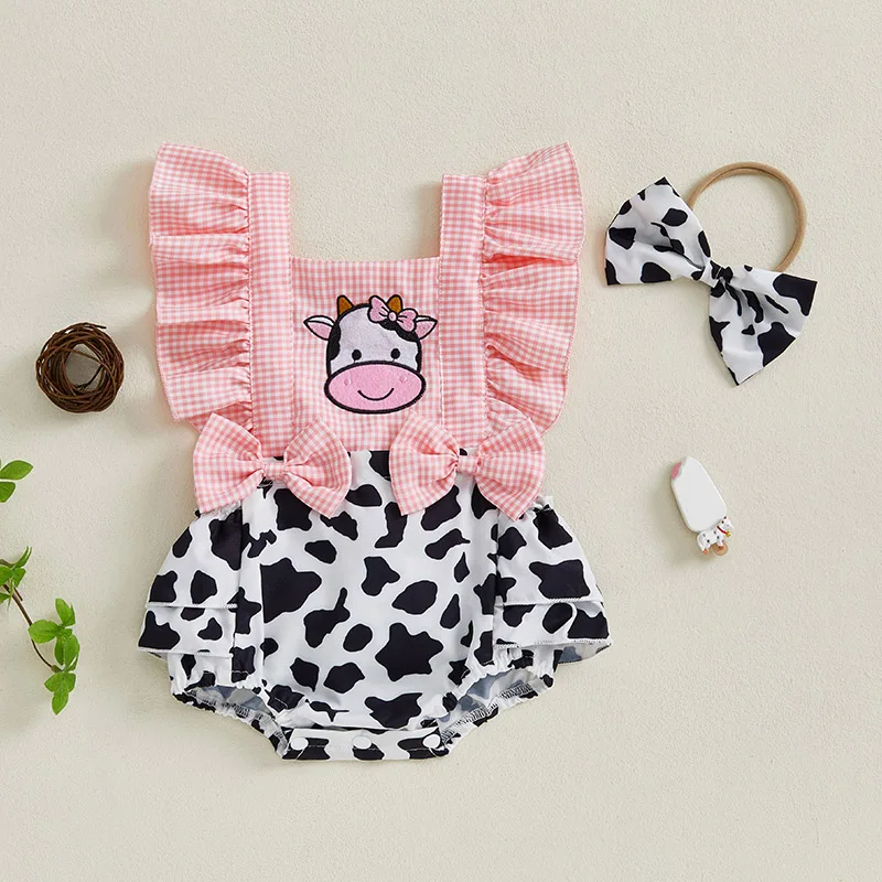 

Summer Newborn Infant Baby Clothing Girl Rompers Cow Embroidery Plaid Ruffles Fly Sleeve Jumpsuits Bodysuits with Headband