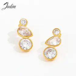 JOOLIM Jewelry High End PVD Wholesale Luxury Elegant Three Zirconia Waterdrop Dangle Hoop Stainless Steel Earring For Women