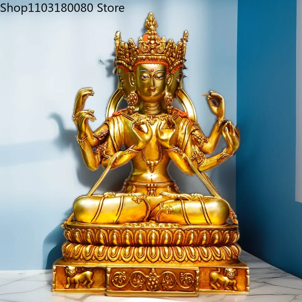 Copper gilding carving Three heads six arms Aksobhya buddha statue Tibet Nepal sculpture,Large size,27cm