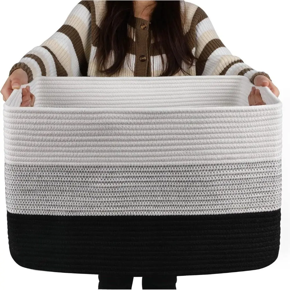 

Durable Rectangular Laundry Basket Woven Clothes Towels Blanket Basket Cotton Rope Toy Basket