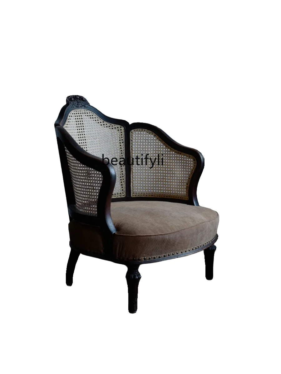 French American Rattan Chair Armchair Villa Solid Wood Fabric Rattan Sofa Retro Distressed Living Room Leisure Chair