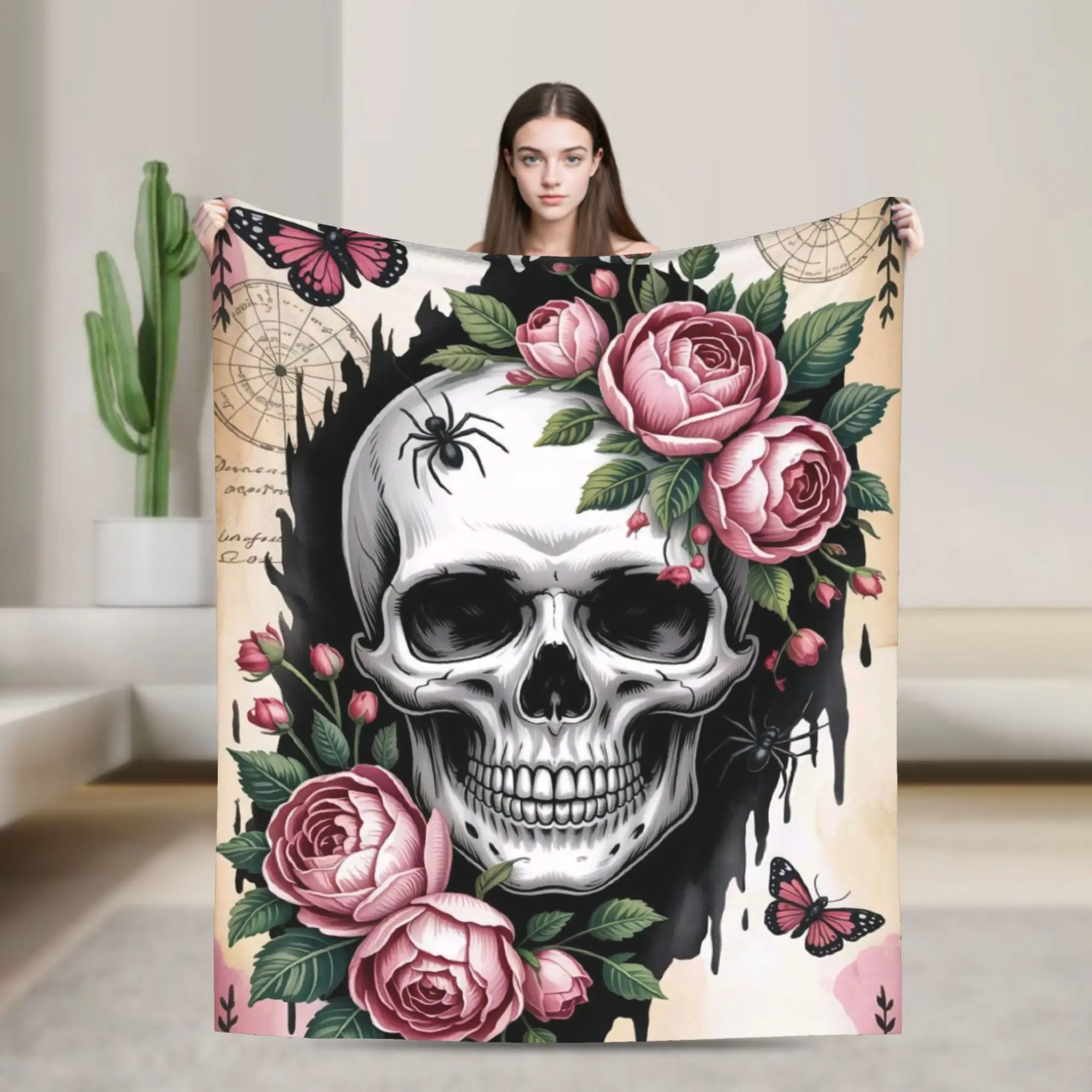 Halloween Skulls And Flowers Gothic Goth Blanket Multiple Sizes Cozy and Lightweight  Throw Blankets for Sofa Couch and Bed