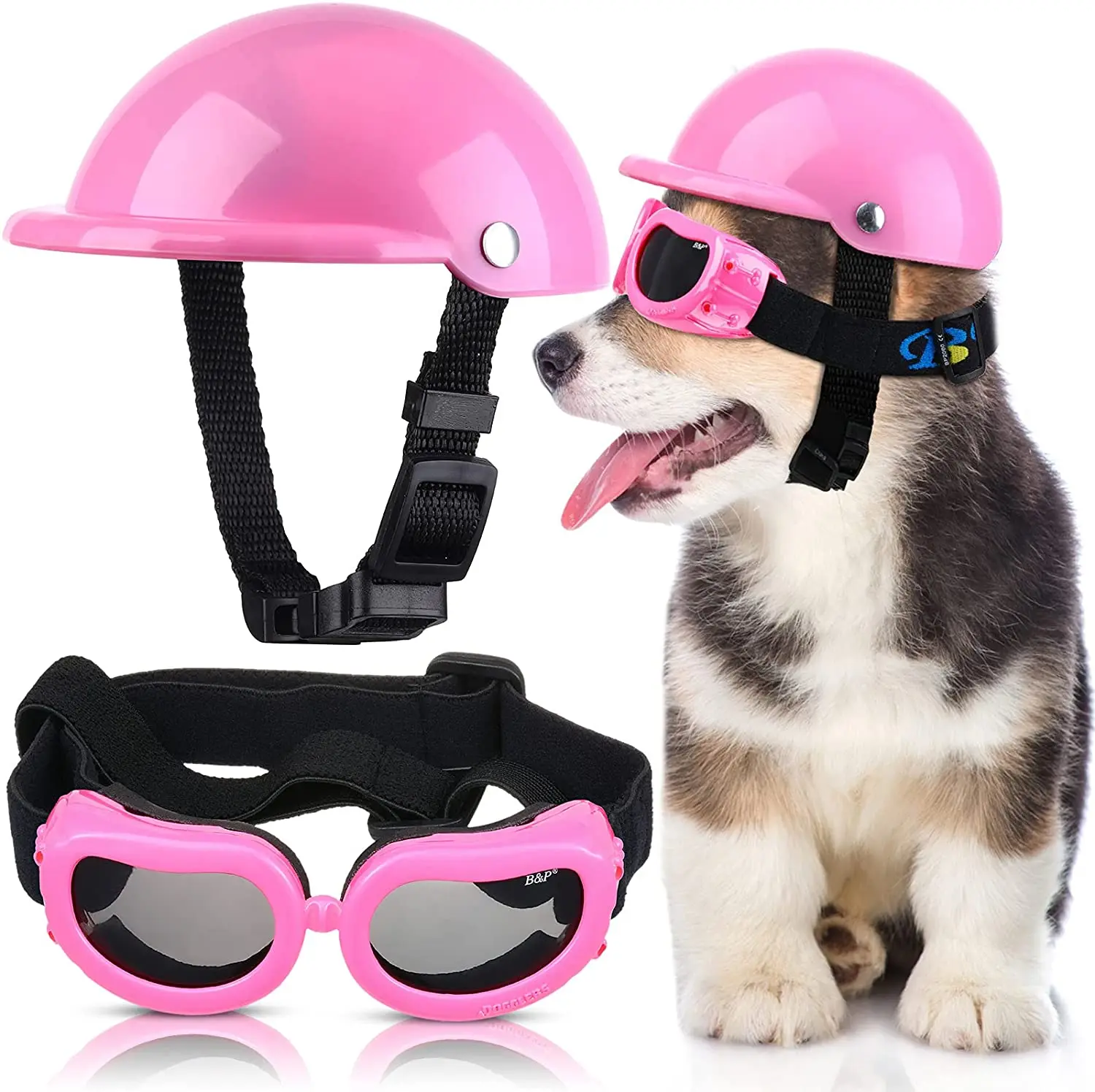 Dog Sunglasses and Pet Helmet Set with Dog Goggles, Dust Wind UV Protection Dog Glasses Dog Helmet and Goggles Adjustable Hat