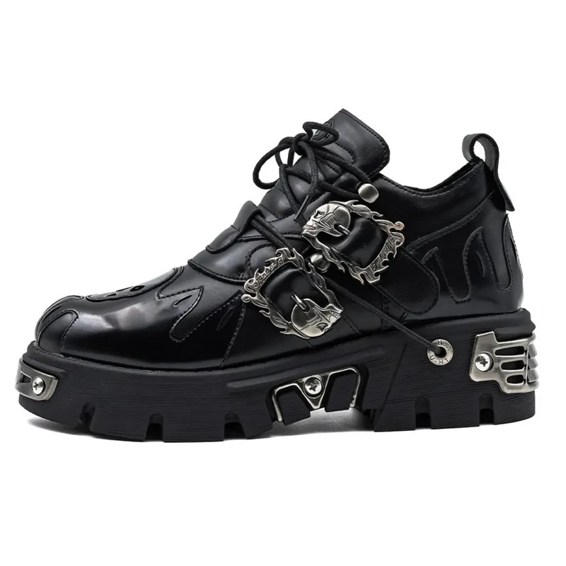 

Unisex Punk Style Rock Shoes Women Men Black Leather Boots with Metal Decoration 5cm Thick-Soled Chunky Leather Shoes