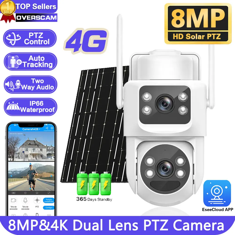 

8MP 4K Two lens Smart Solar Powered Security 4G SIM Card Camera Two Way Audio Outdoor CCTV Camera PIR Detection For Farm Orchard