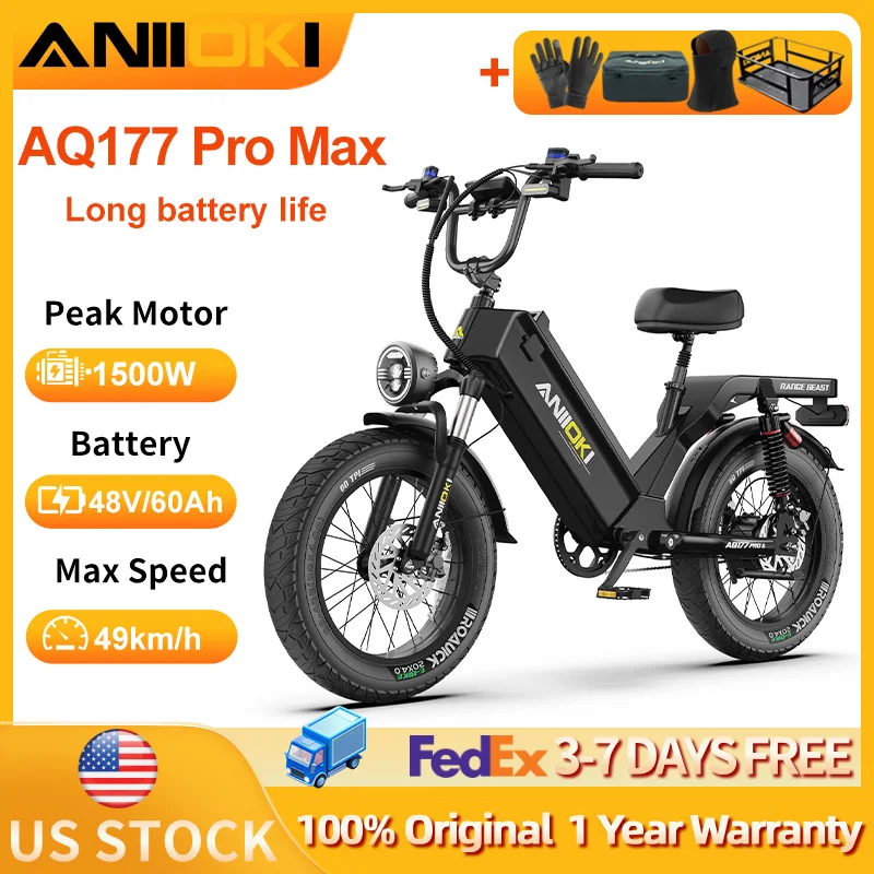 

ANIIOKI Electric Bike 1500W Peak Motor 48V 60Ah Battery ebike 31mph Long Battery Life 20"*4" Fat Tires Adult Electric Bicycle