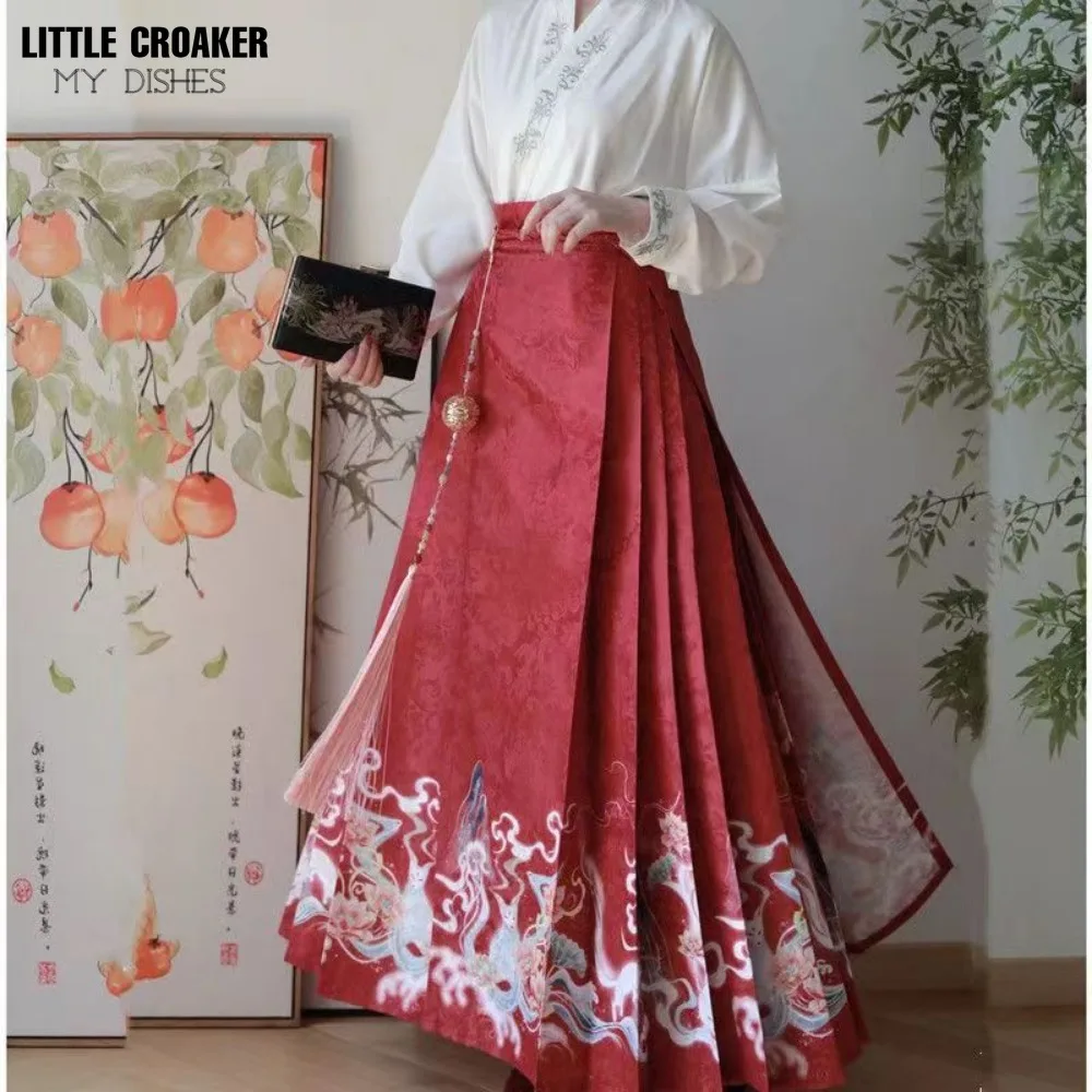 Vintage Women Chinese Traditional Hanfu Cardigan Shirt + Blue Pleated MaMian Skirt Chinese Hot Hanfu Shirt Horse Face Skirt Set