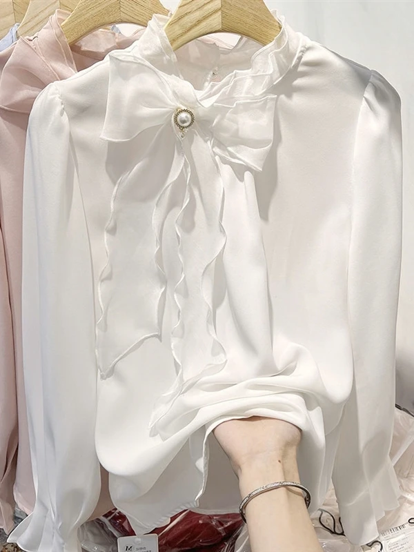 Spring 2026 Korean Style Pure Color Stand Collar Organza Belted Beaded Long Sleeve Women's Chiffon Top Trendy Elegant