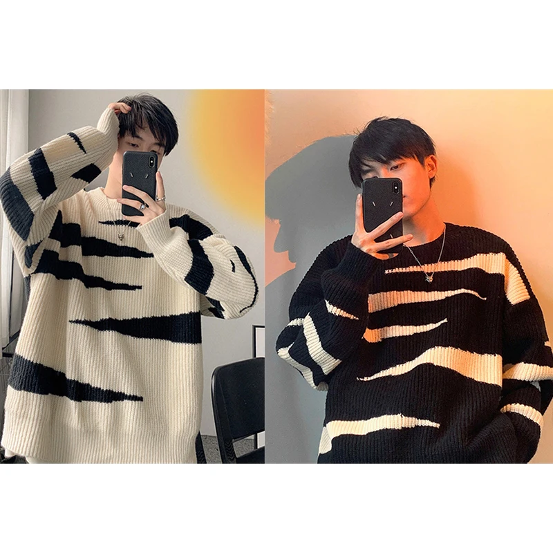 

Autumn and winter ins style mens knitwear trend personality Hong Kong style round neck knitted loose lazy style pullover sweater