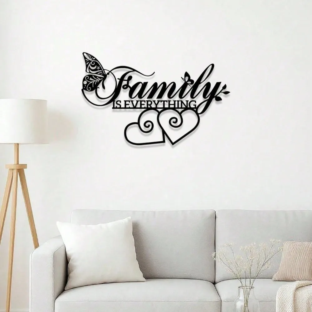 قطعة واحدة من لوحات الحائط "الأسرة هي كل شيء" المعدنية السوداء، لافتة نصية بسيطة، ديكور ملهم لغرفة المعيشة وغرفة الطعام #6