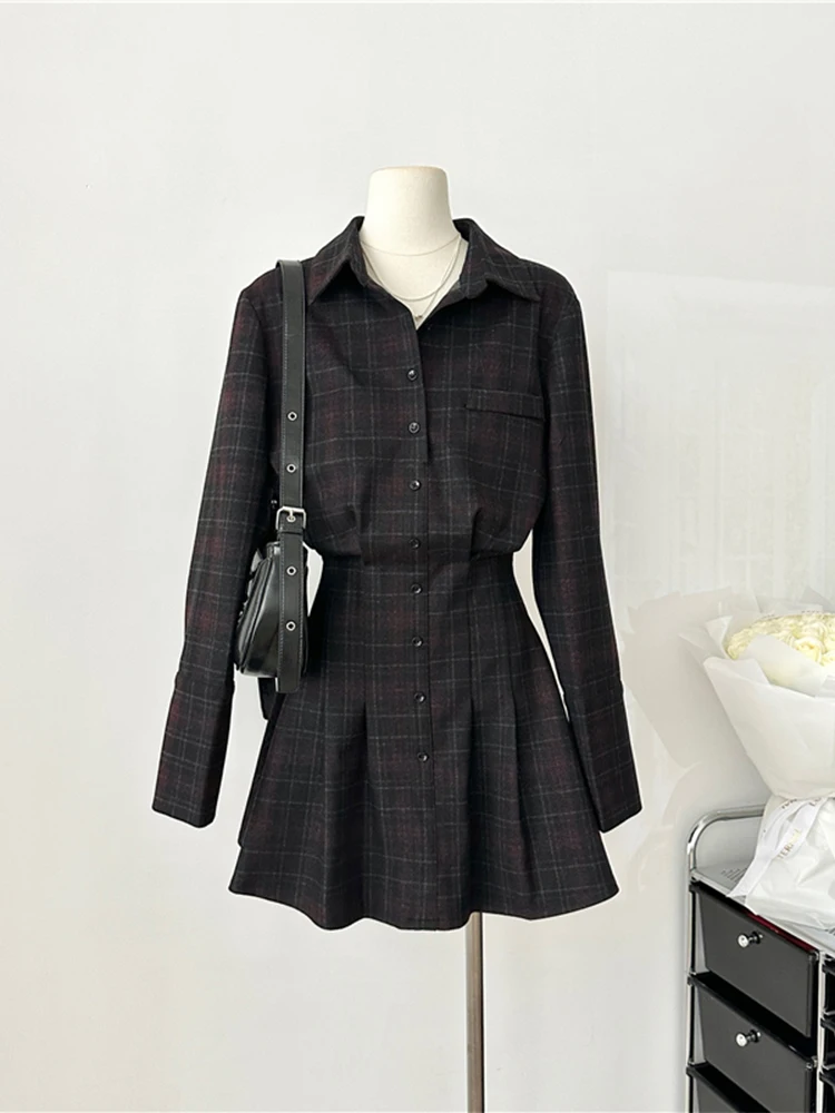 Women's Plaid Shirt Dress Vintage Long Sleeve Mini Dresses Y2k Preppy Style Elegant One Piece Frocks 2000s Cutecore Clothes 2024