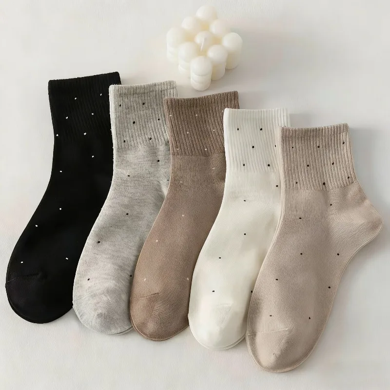 5 Pairs Women'S Casual Mid-Calf Sock,Solid Colors And Polka Dot Designs,Versatile Sock for Sports,Outdoor Activities,And Cycling