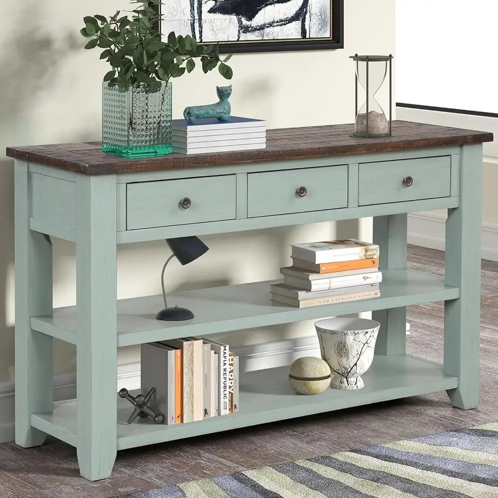 

Elegant Wooden Entryway Table with Storage Drawers and Shelves, Green and Brown Top