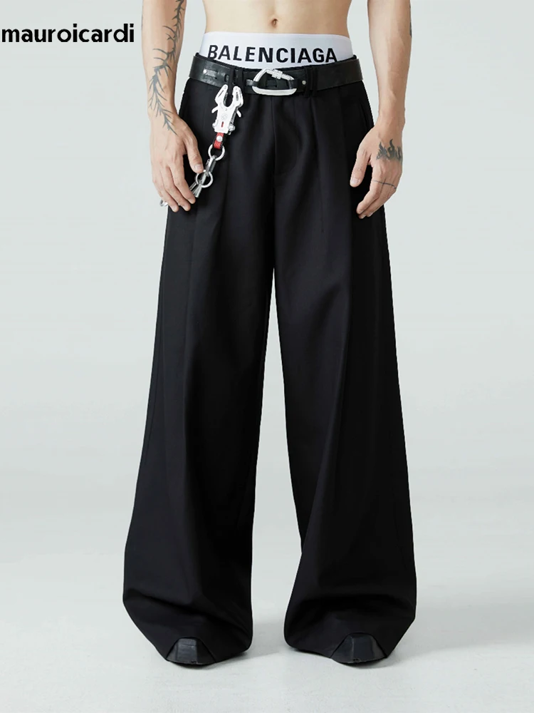 

Mauroicardi Spring Autumn Long Loose Casual Baggy Flowy Soft Black Pleated Wide Leg Pants Men Luxury Designer Emo Clothing 2024