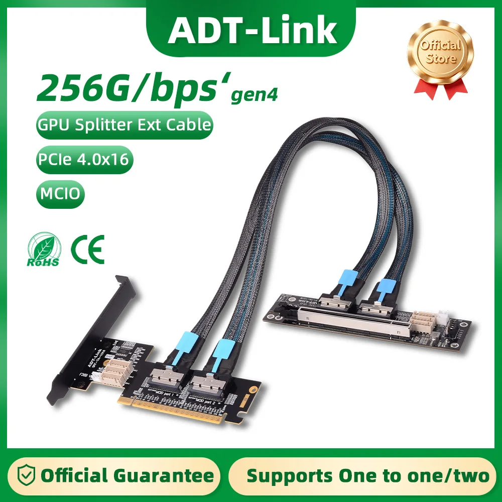 ADT-Link 256G/bps PCIe 4.0 x16 MCIO Graphics Card Split Cable One-to-Two x8 GEN4 Dual (Split into x8x8) Bifurcation Adapter Card