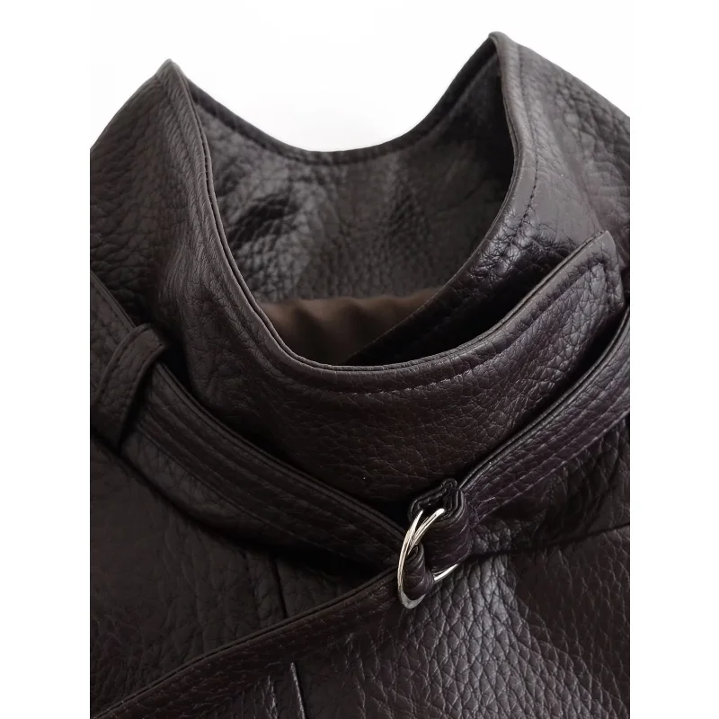 2026 Herbst Winter Damen Hochgeschlossene Kunstlederjacke Langarm mit Gürtel Vintage Streetwear Lässiger Damen-Oberbekleidungsmantel – Detail 15