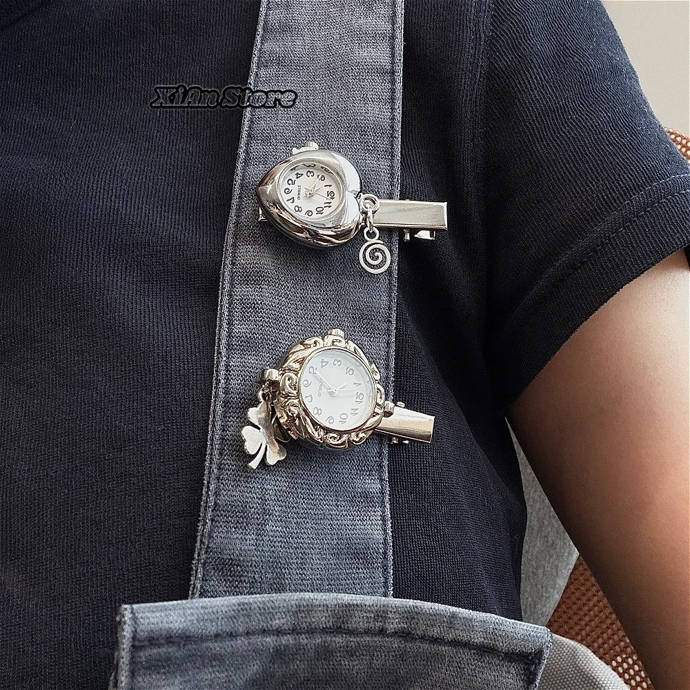 Y2K Vintage Watch Hair Clip Heart Clover Pendant Quartz Watch Hairpin Fashion Sweet Girls Metal Barrettes Versatile Accessory