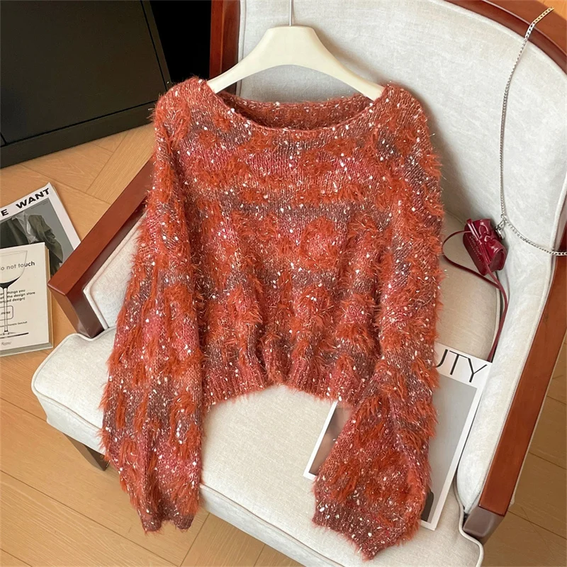 

Glitter Plush Sweater Pullover Women's Autumn Winter 2025 New Style Soft Sticky Fragrant Style Long Sleeve Knitted Top Female