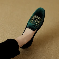 Women Flats Velvet Embroider Mules Round Toe Casual Flats For Spring Slip on Daily Loafers Ladies Cozy Casual Shoes