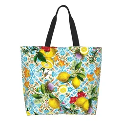 Sicilian Lemons And Romantic Tiles Grocery Shopping Bags Canvas Shopper Tote Shoulder Bag Portable Citrus Fruit Painting Handbag