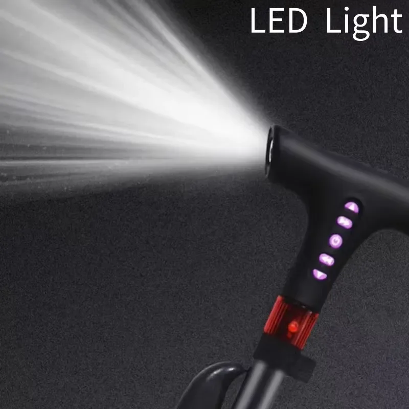 Black Foldable Cane with Smart Bluetooth LED Light Alarm, FM Radio, Stable Base, Lightweight Adjustable Cane