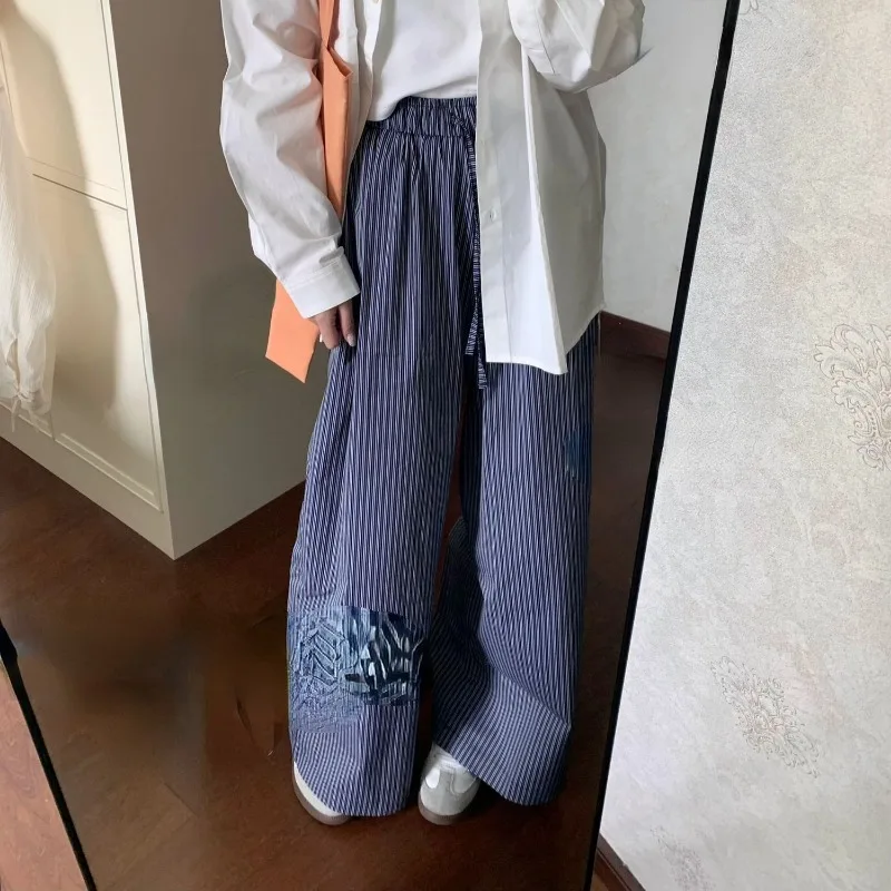 Deeptown Y2k Vintage Basic Striped Women's Casual Pants Elastic Waist Korean Fashion Slacks Loose Summer Trousers Streetwear