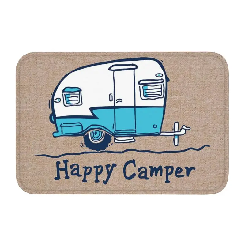 Happy Camper Cartoon Camping Car Doormat Non-Slip Entrance Kitchen Bath Floor Door Mat Adventure Camping Balcony Rug Carpet