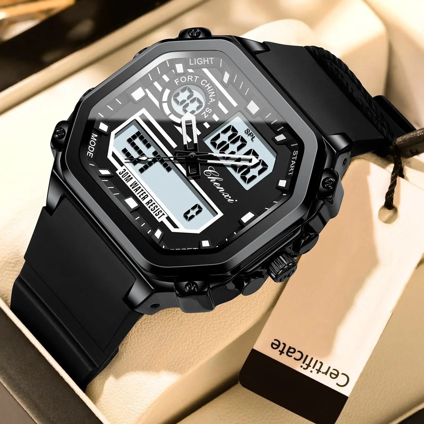 

Square Dial Digital Watch for Men Multifunction Chronograph Waterproof Sports Wristwatch with Silicone Band
