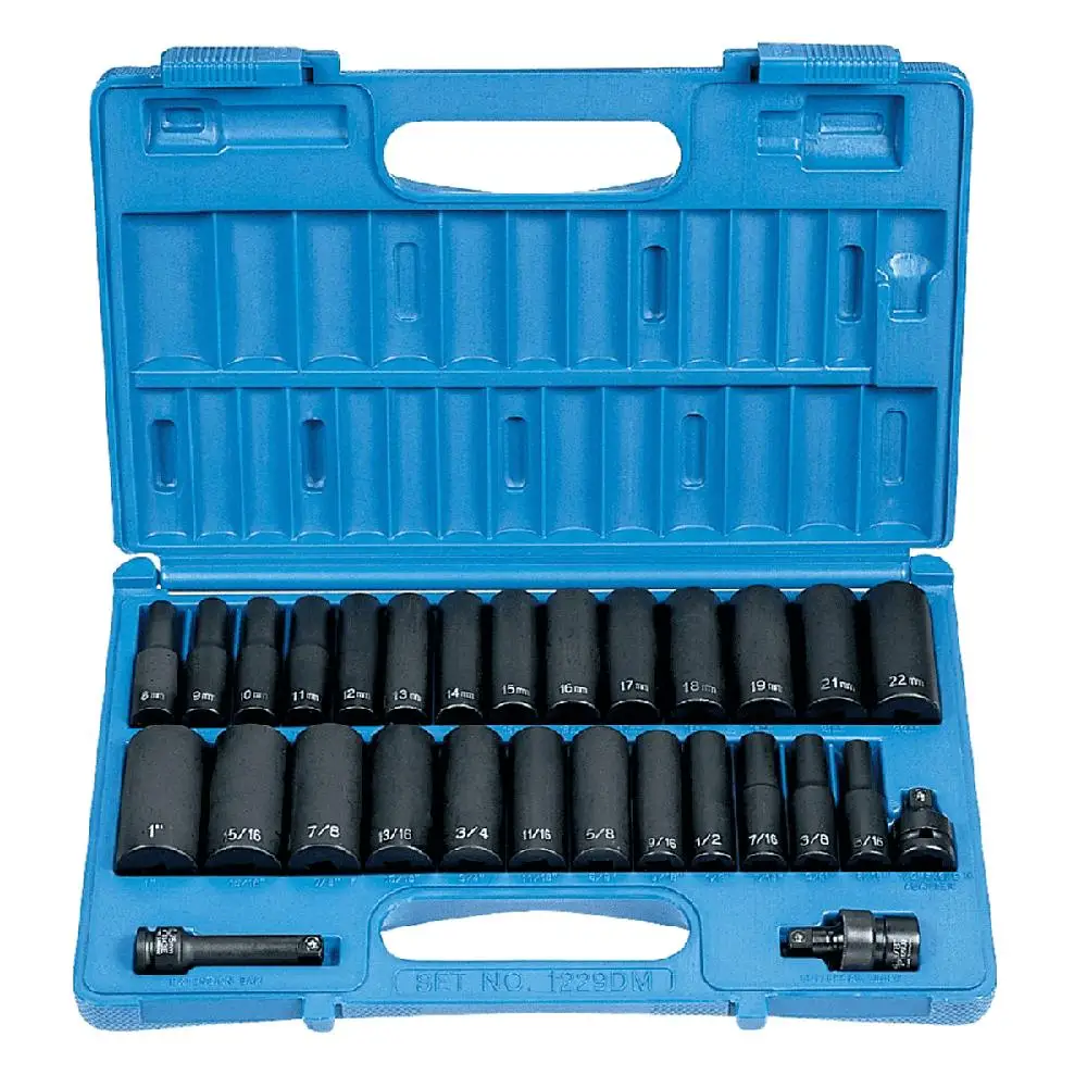 29-Piece Deep SAE/Metric Impact Socket Set 3/8in Drive High Torque Chrome-Molybdenum Steel Easy Identification Storage Case