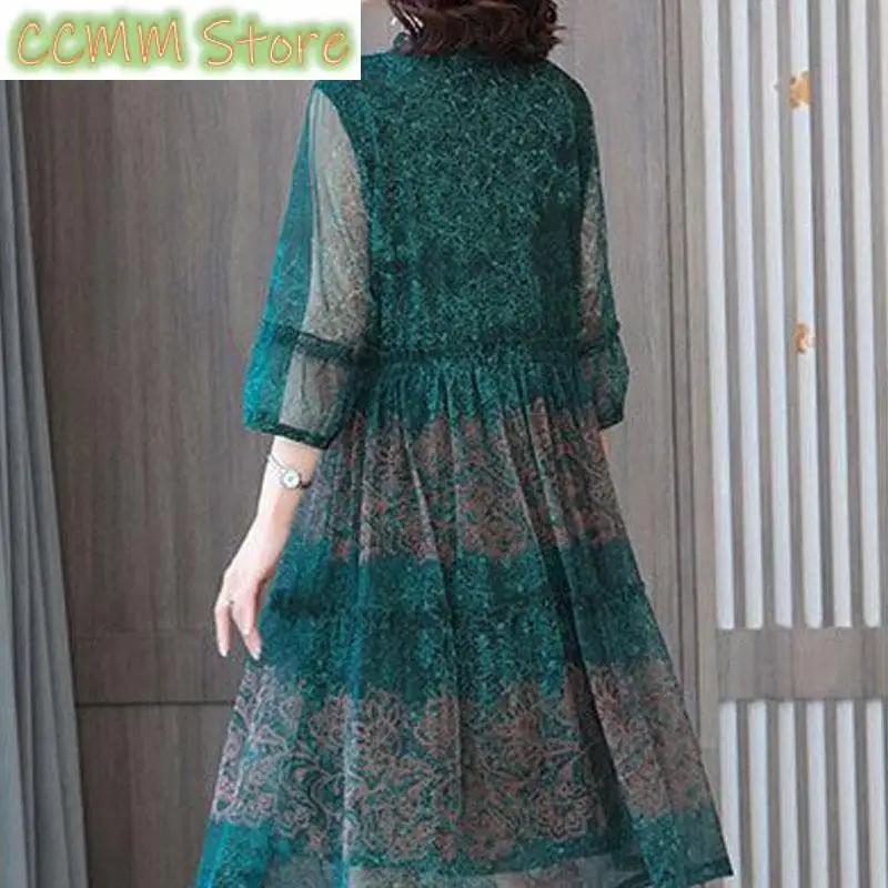 Fashion Folk Printed Spliced Dresses Vintage Summer Half Sleeve Female Clothing Gauze A-Line Waist Elegant V-Neck Midi Dress New