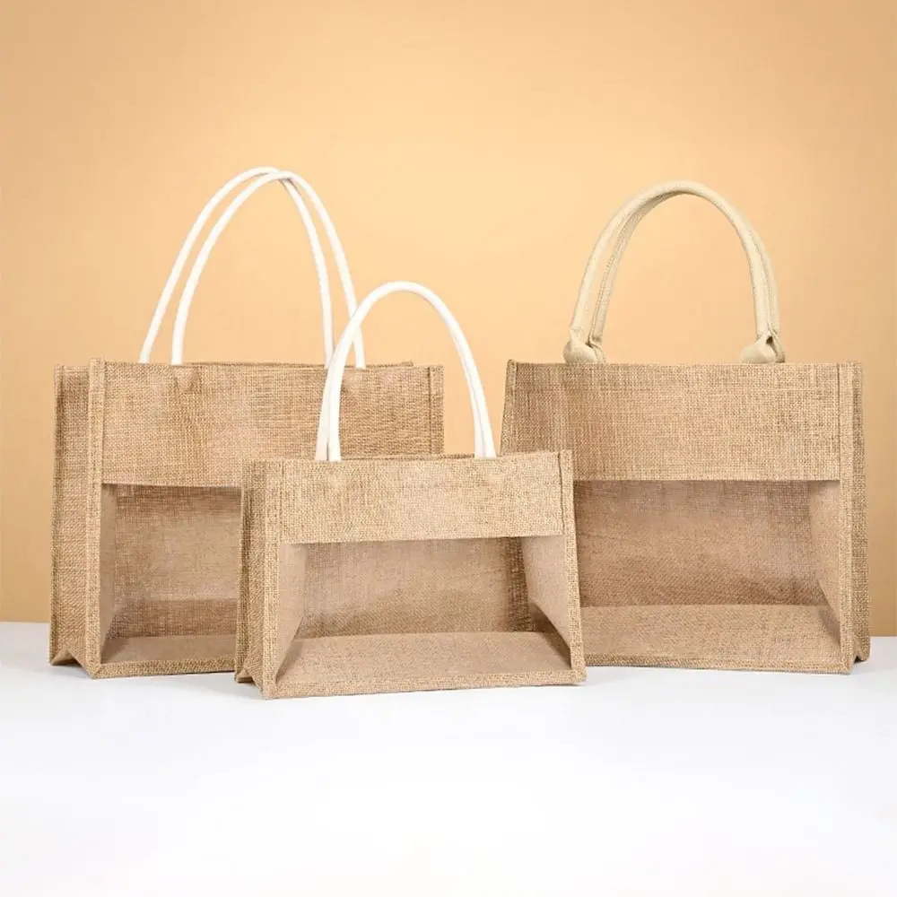 Jute Windowing Gift Bag Transparent Window DIY Painting Wine Carrying Tote New Design Retro Wrapping Handbag