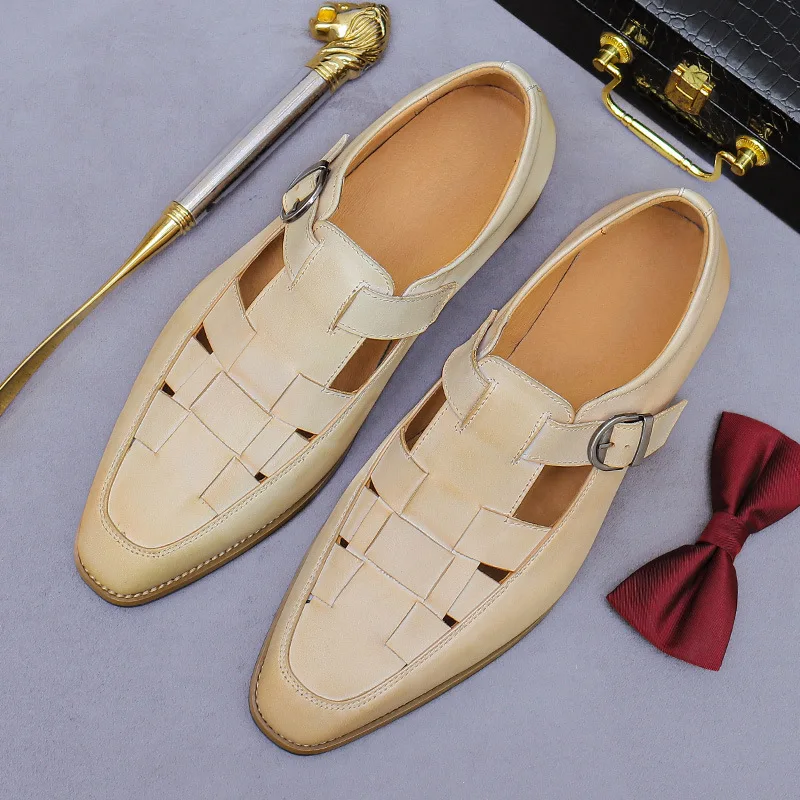 Men Woven Cutout Monk Strap Leather Sandals Block Heel Breathable Closed Toe Summer Dress Shoes for Casual Fisherman's Shoes New