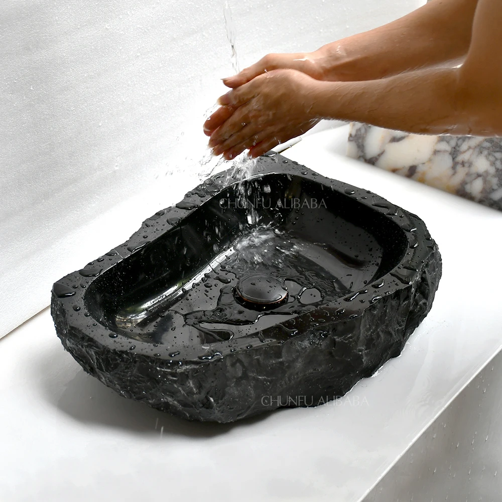 Modern Nero Marquina Marble Pedestal Sink Drainer Eco-Friendly Easy Clean Countertop Mounted Hotel Washroom Use 9L Capacity