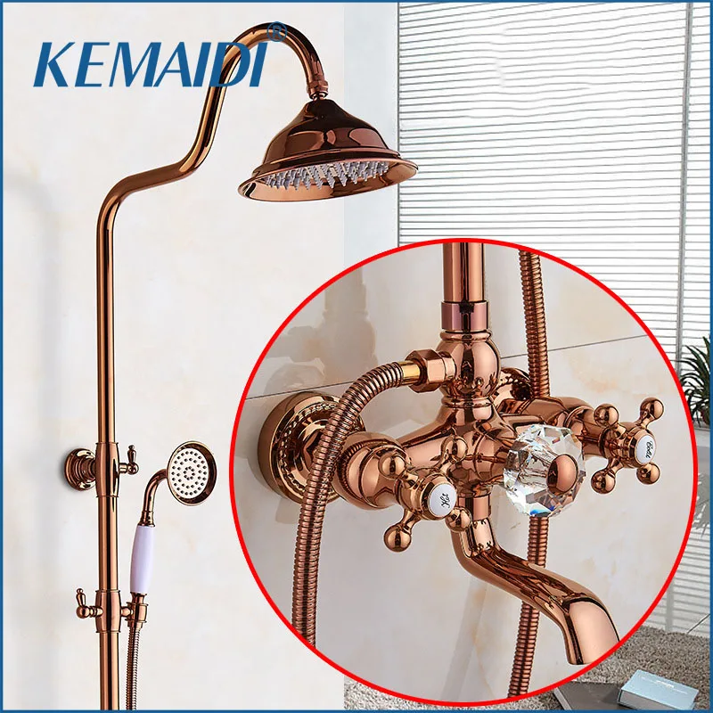 

KEMAIDI Classic Rose Gold Bathroom Shower Set Bath Shower Systerm W/ Rainfall Shower Head 360 Swivel Bathtub Faucet Mixer Tap