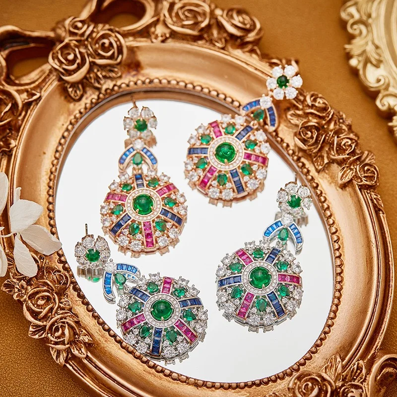 EYER Luxury Saudi Arabia Circular Colourful AAA Zircon Long Necklace Earring Sweater Chain Elegant Women Wedding Party Jewellry
