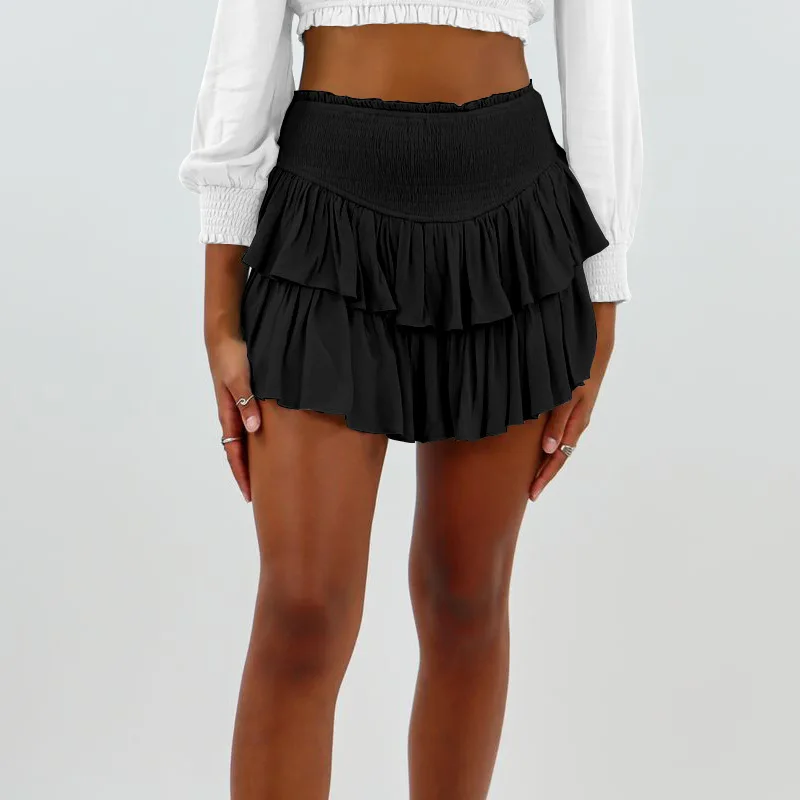 Spring and Summer Women\'s Elastic High Waist Pleated Solid Color Lotus Leaf Half Fashion Sexy Retro Holiday Short Skirt