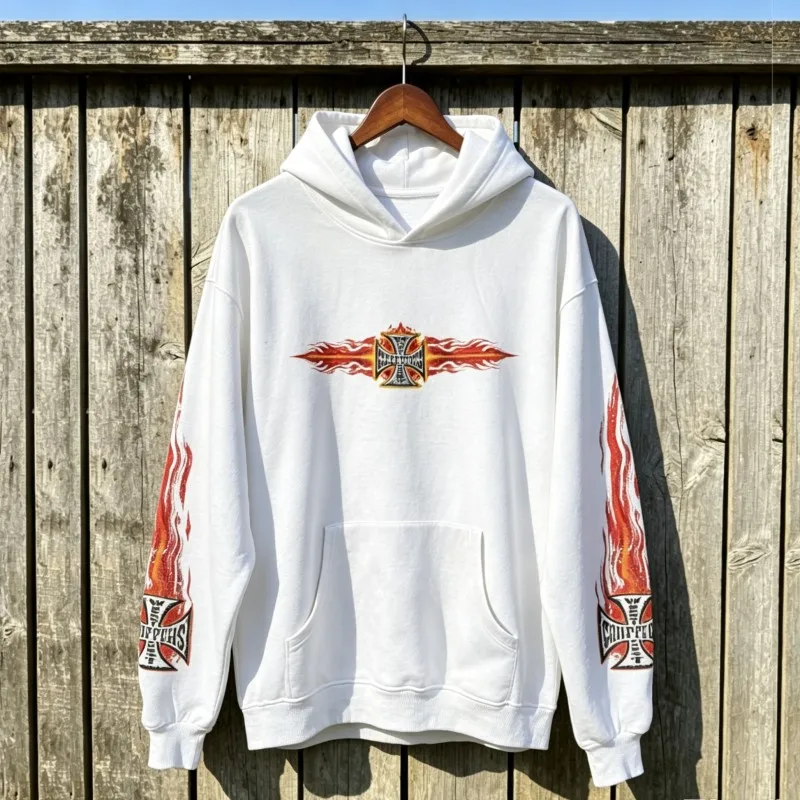 Winter Oversize White Hood Sweatshirt West Coast Choppers Hoodie Flame Cross Sleeve Print Men Women Hiphop Streetwear Hoody