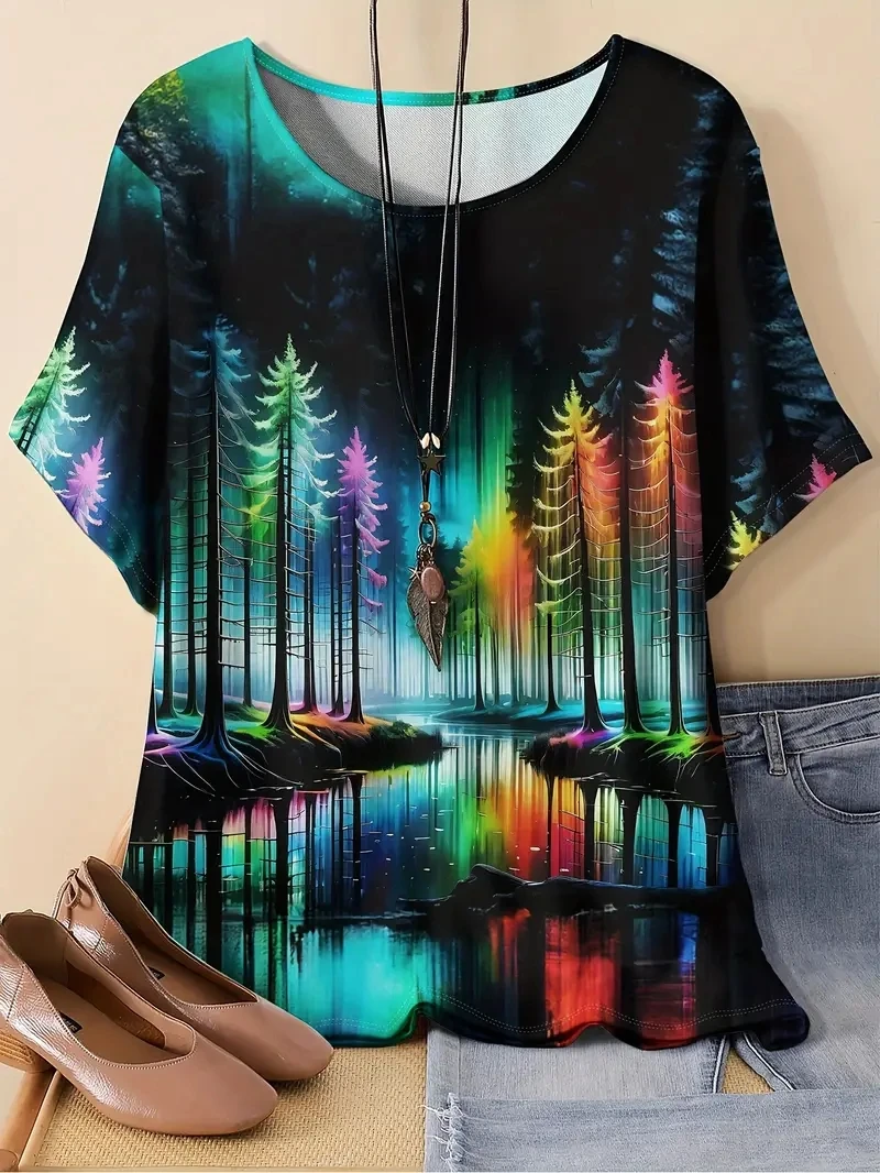 

Женская футболка больших размеров с 3D лесной живописью маслом и короткими рукавами, свободная и повседневная, мягкая, удобная и дышащая
