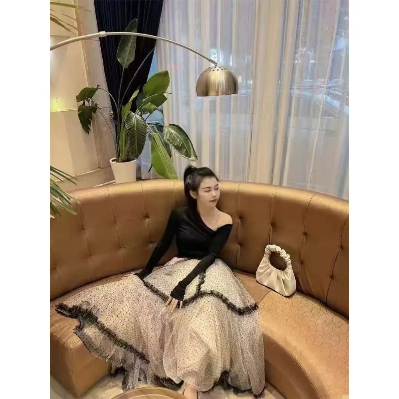 1 قطع المرأة البولكا نقطة تول ماكسي تنورة الثقيلة شبكة ألف خط الطابق طول تنورة أنيقة مكتب تخفيف تكدرت المتدرج كعكة تنورة #6