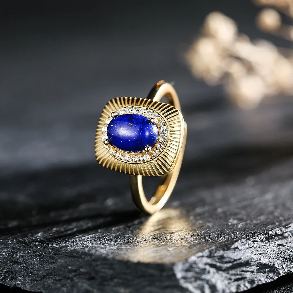 

S925 Silver Gold Plated Ring 8*6mm Natural Lapis Lazuli Gemstone Women's Rings Adjustable Handmade Boho Jewelry Birthstone Gifts
