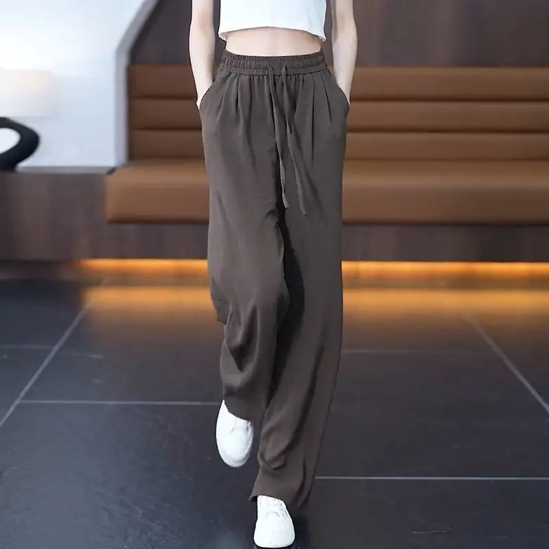 Women Summer Simplicity Elegant Loose Solid Color Ice Shreds High Waist Wide Leg Women Clothes Casual Appear Thin Trend Trousers