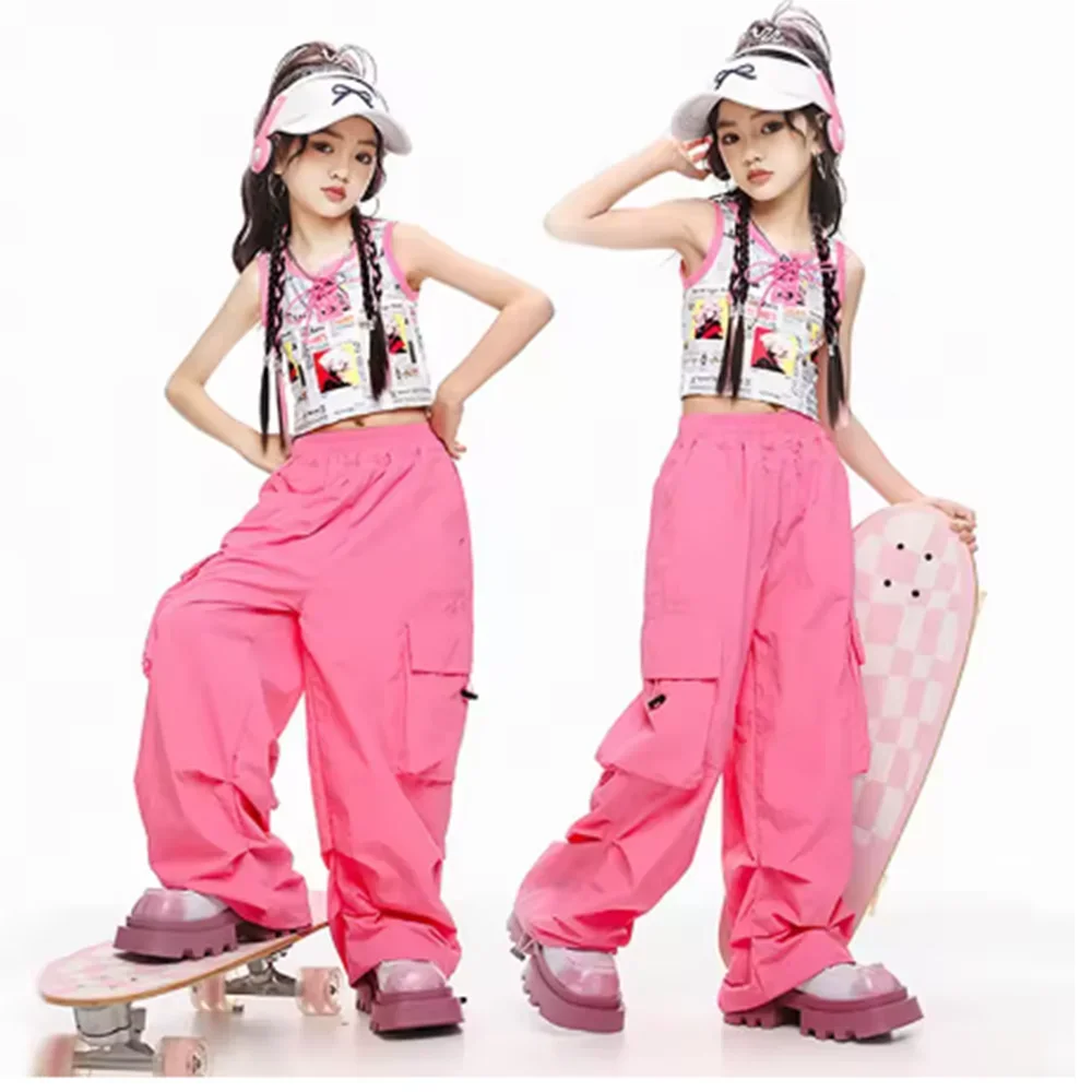 

2025 Jazz Dance Costume Girls Hip Hop Set Shuffle Pants Pink Crop Tops Kpop Performance Outfit Children's Clothing Streetwear