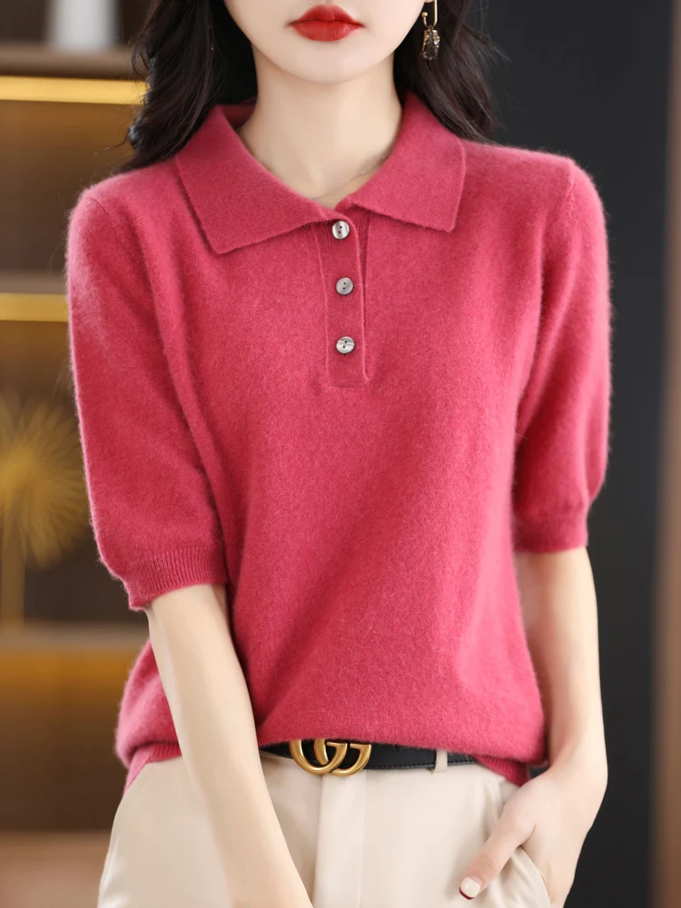 Spring Autumn Women Polo Collar Pullover Half Sleeve Thin Sweater 100% Merino Wool Knitwear Korean Casual Shirt Tops Clothing