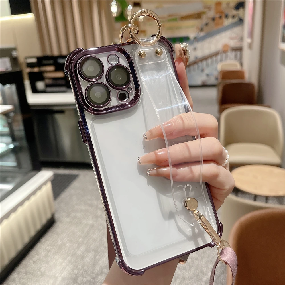 Plating Transparent Wrist Strap Holder Case For iPhone 14 Plus 13 12 11 Pro Max XR XS X Crossbody Lanyard Necklace Soft Cover