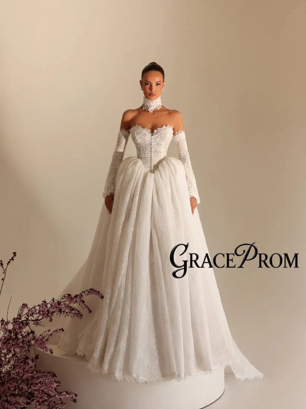 

Elegant Fully Lace Wedding Dress Sweetheart Neckline Ball Gown Customized Bridal Gowns With Detachable Sleeves Romantic Wear