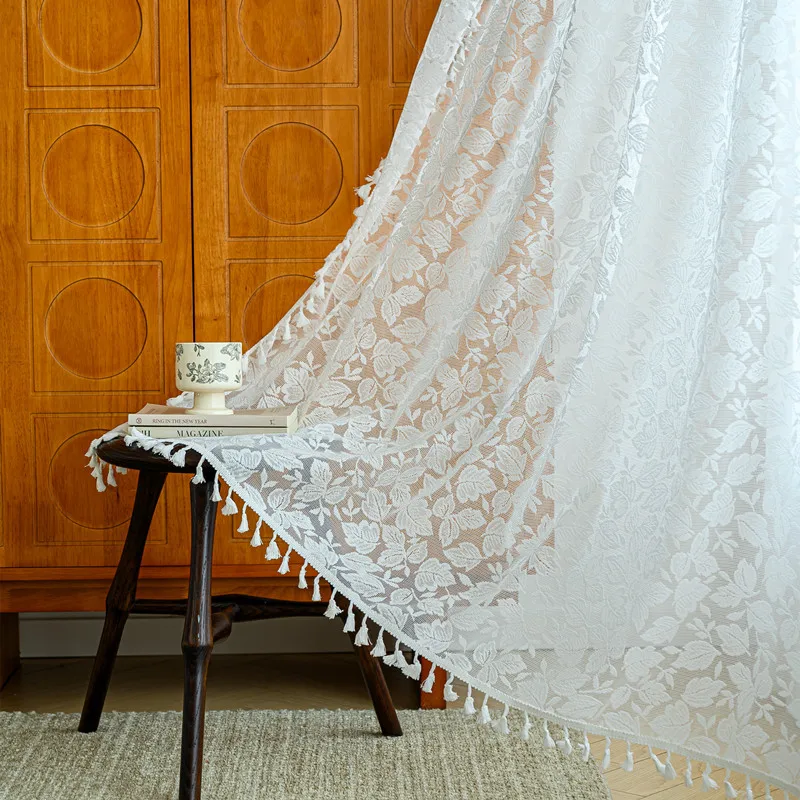 

Boho Lace Curtains, Retro Crocheted Cottagecore Curtains with Tassel for Living Room Romantic Rustic Bohemian Farmhouse Drapes