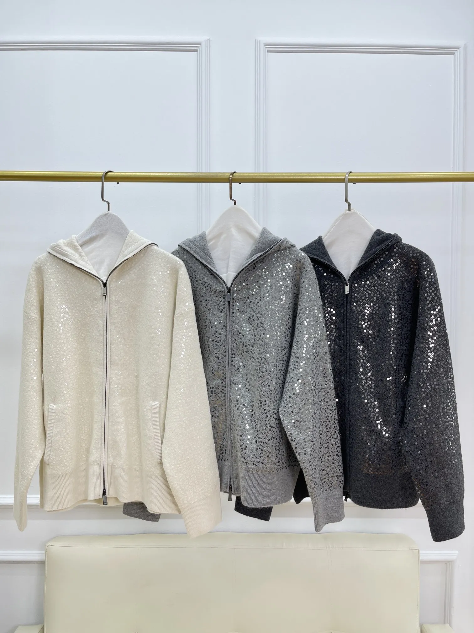 Autumn And Winter New Fashion Luxury Sequin Zipper High Quality Cashmere Sweater Jacket For Women