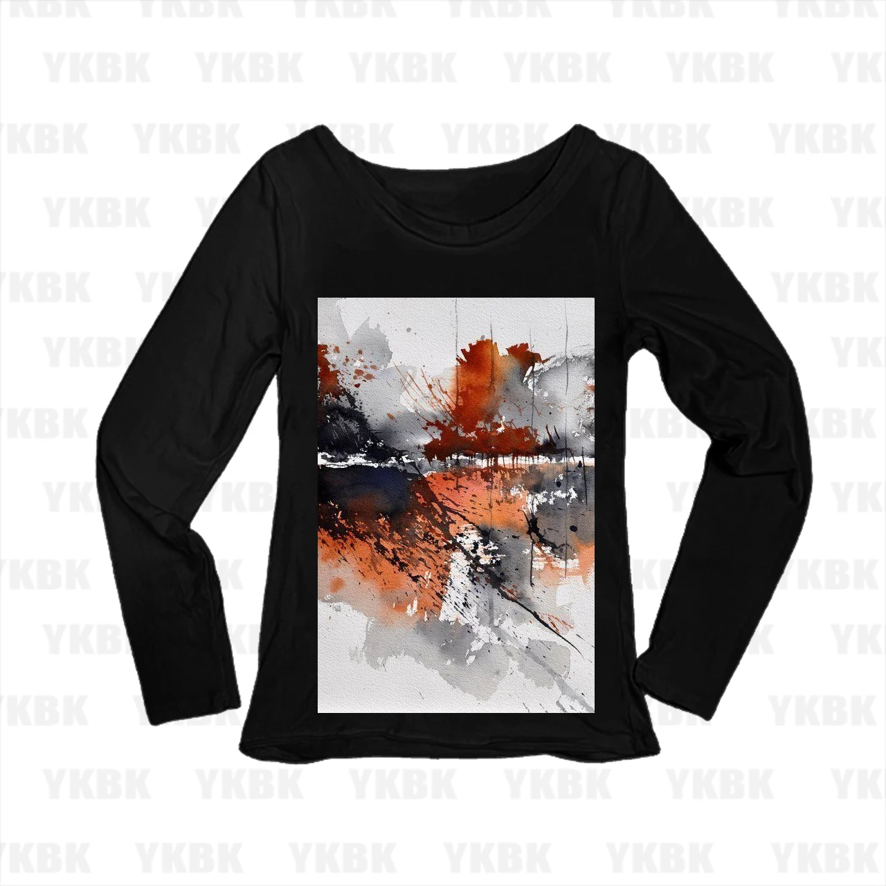 Unisex Abstract Watercolor Landscape Long Sleeve T-Shirt Ink Splash Art Print Slim Fit Minimalist Streetwear Casual Top