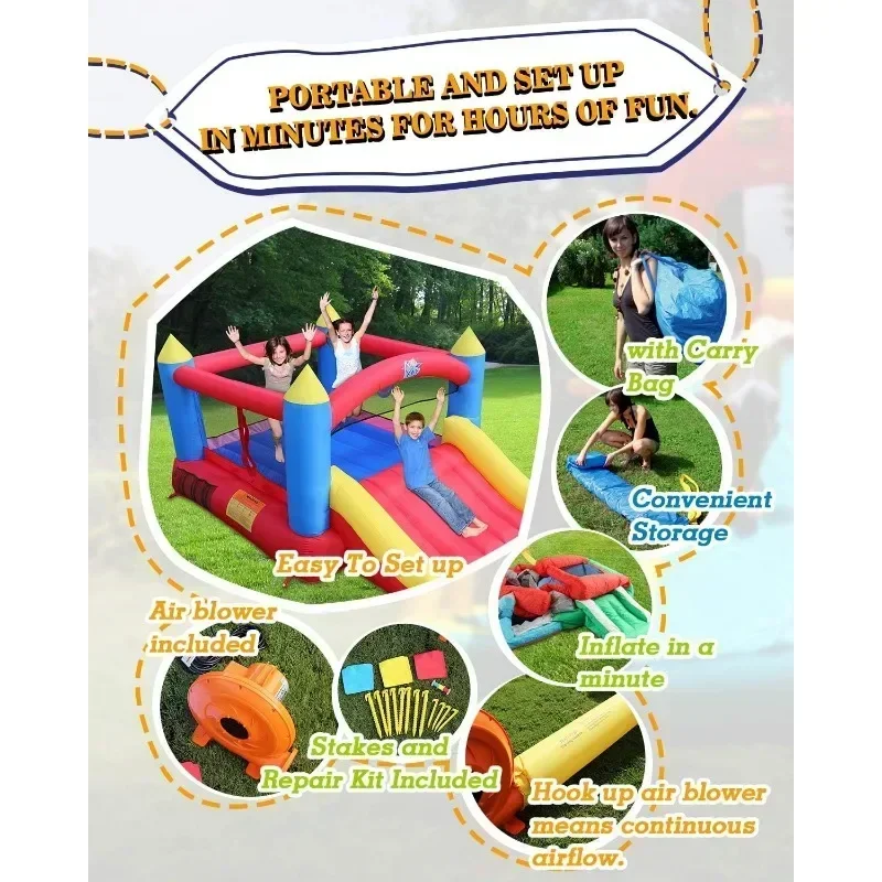 Bounce House, Inflatable Bouncer with Air Blower, Jumping Castle with Slide, Family Backyard Bouncy Castle, Durable Sewn